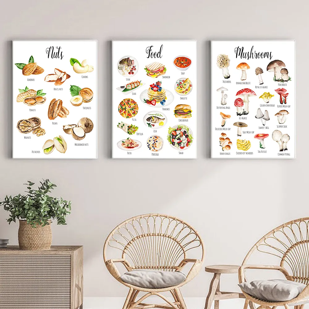 Verdure frutta da noci alimentari Poster di funghi Stampa WaterColor Montessori Educational Tela Painting Wall Pictures Doctu