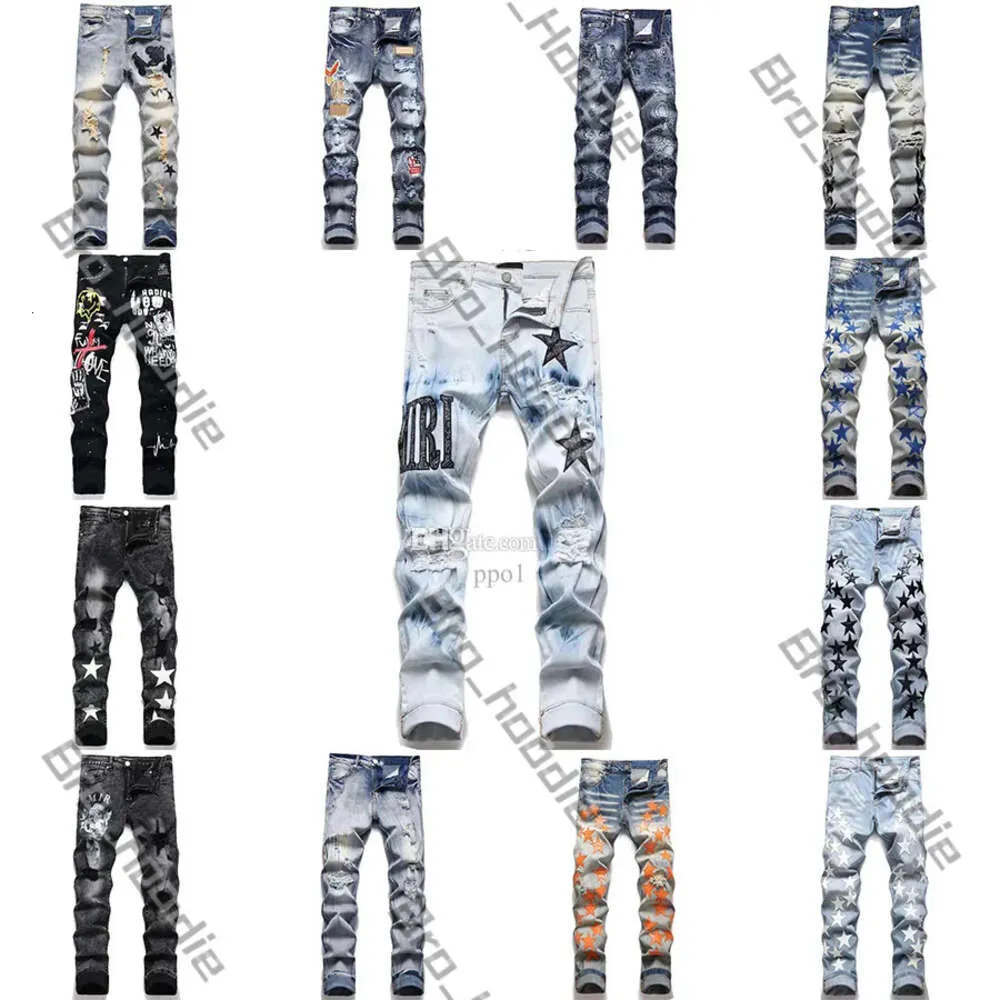 Amri Jeans Amari 15 Syles Designer Mens High Street Purple Jeans For Mens Brodery Pants Womens Oversize Ripped Patch Hole denim Rakt mode Streetwear