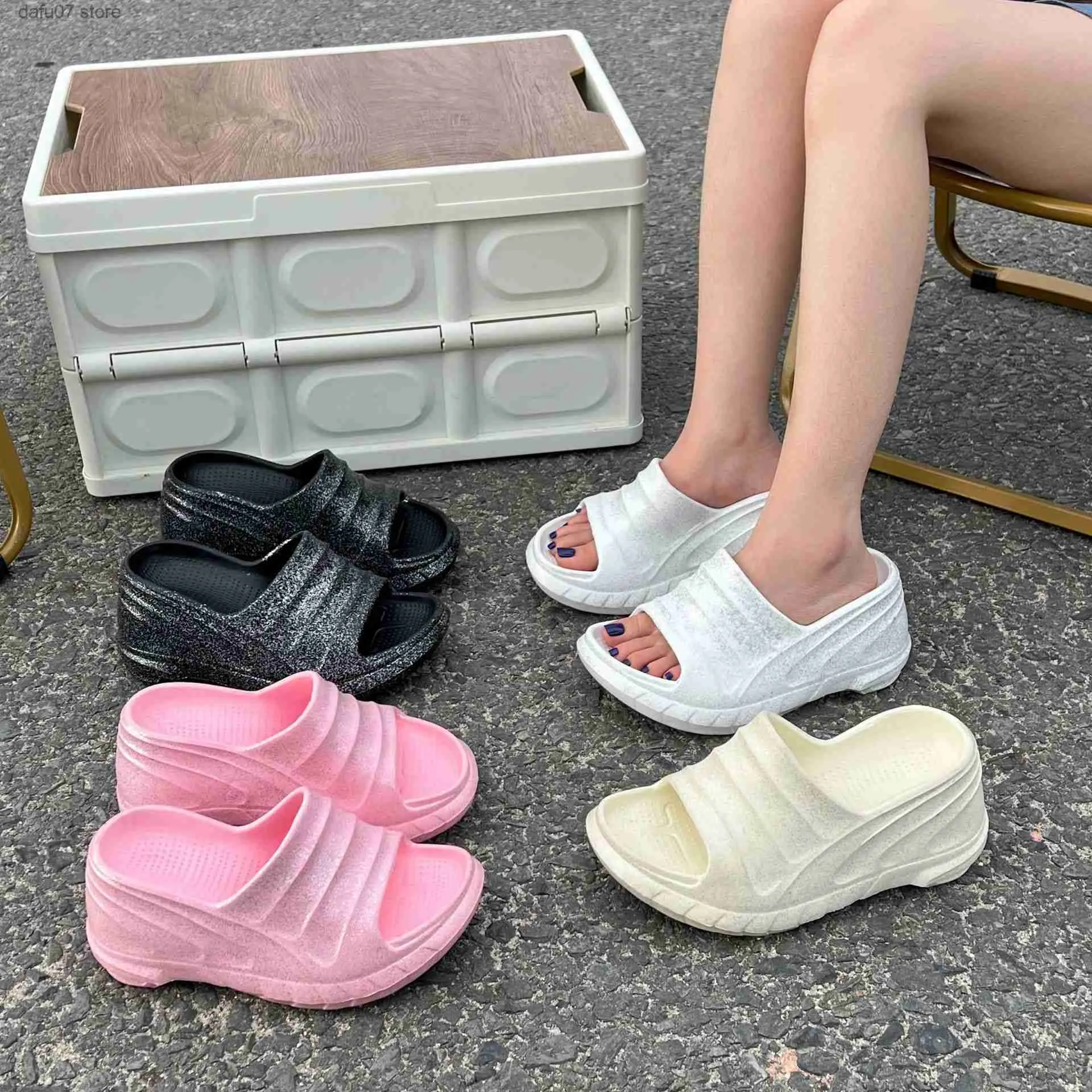 Talltor Tana Womens Shoes New Shiny Pink Eva Wedge Heel Tjock Sole One Line Anti Slip för extern slitage med förhöjd H240410