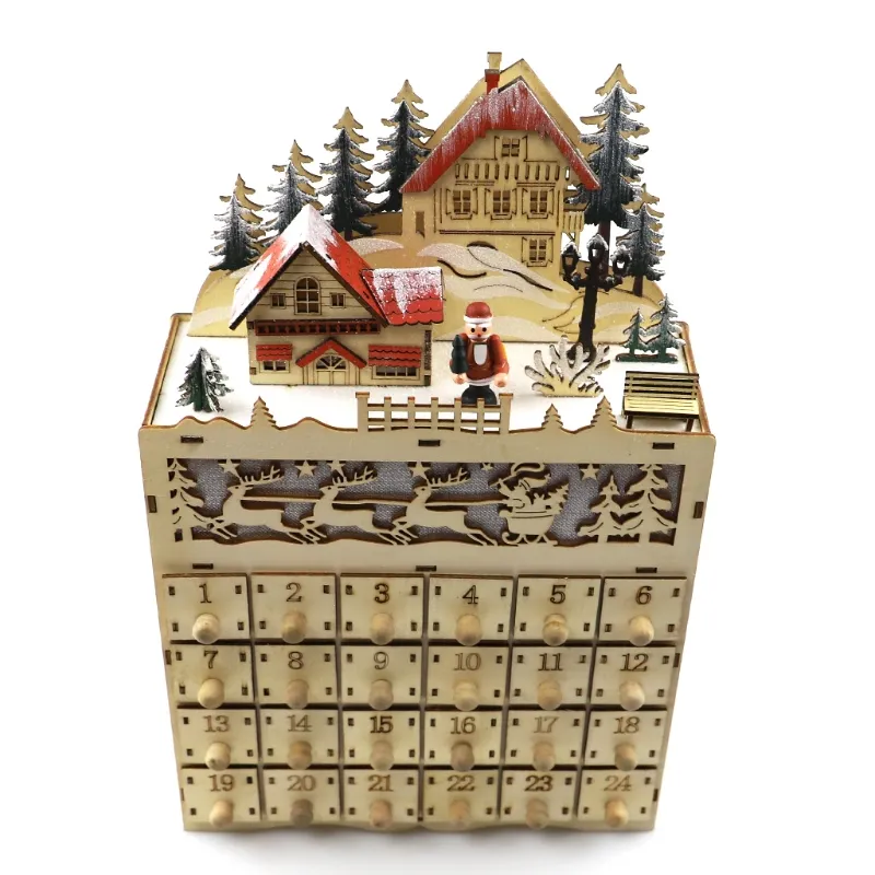 Wooden Advent Calendar LED Lighted Christmas Tree Countdown Box with 24 ...