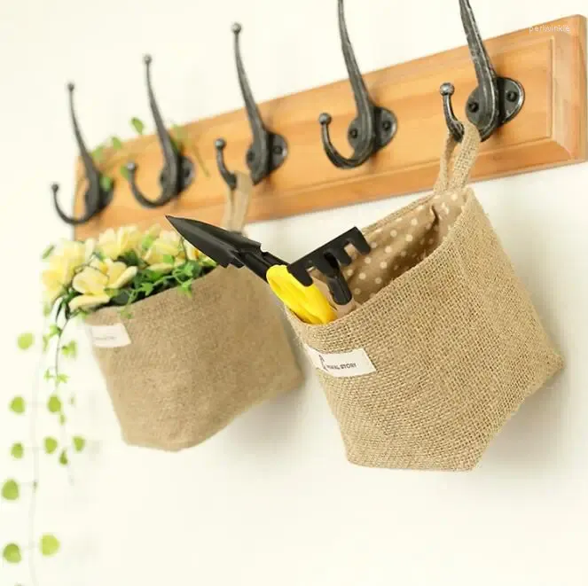 Sacs de rangement en tissu de coton Pot de fleurs petits sacs suspendus petit sac de panier en jute rayé