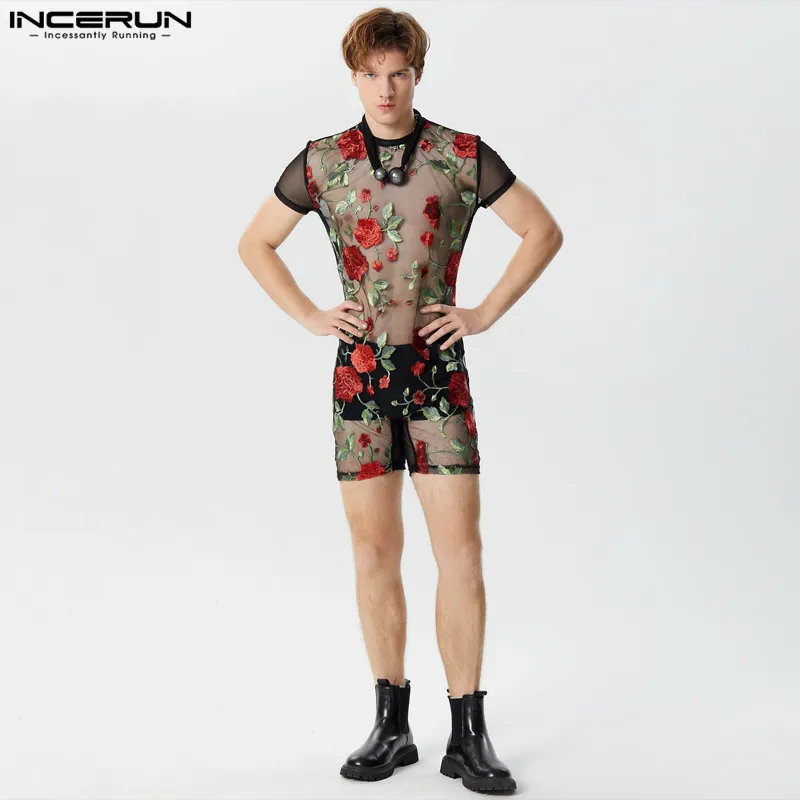 Incerun 2024 AMERIKAANSE STYLE SEXY NIEUWE MENSE MENSEWEAR JUMPSUITS Perspectief Dunne O-Neck Flower Printing Bodysuits S-3xl