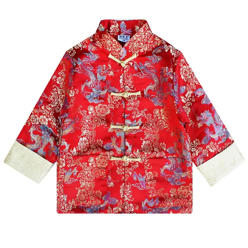 Traditionell Boy Jacket Tang Suit Cardigan Chinese New Year Costumes Kungfu Cheongsam Kids kläder Outfits Boys Coat Tops Uniform