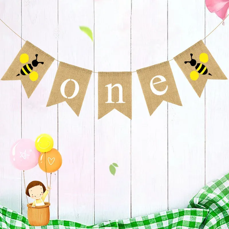 First Birthday Party Flag Bee en één drukklappen Banner Swallowtail Bunting Baby Shower Hangende Garland feestartikelen