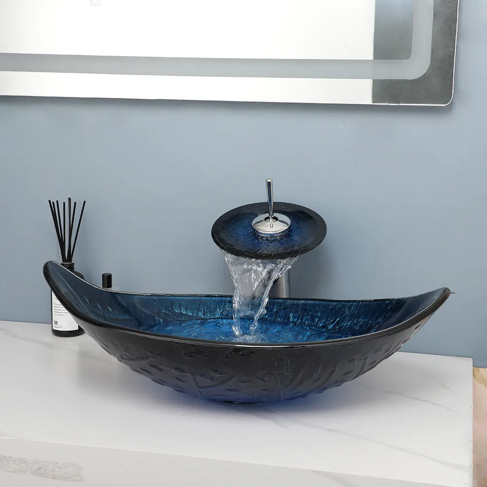 Kemaidi Waterfall Basin Sink Faucet Combo Tempered Glass Oval Vessel Sink Over Counter Glass Bowl Badrumsänkor med blandare kran
