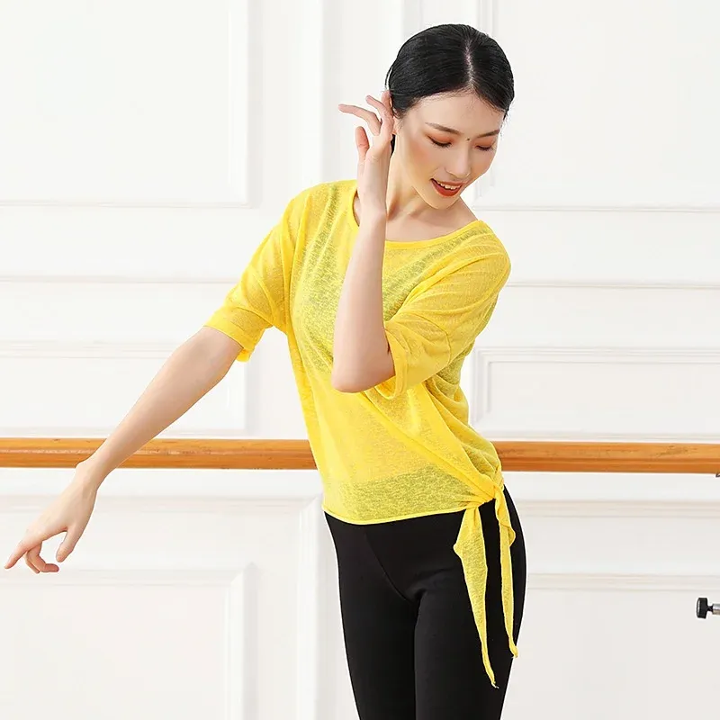 Modern Dance Training Clothes Short Long Sleeves Semi-transparent Mesh Yoga Top Classical Body Dance Wear for Women