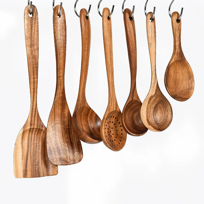 1/7PCS Wooden Cooking Utensils, Teak Spoons for Cooking Wood Utensil for Nonstick Cookware, Kitchen Utensils Set