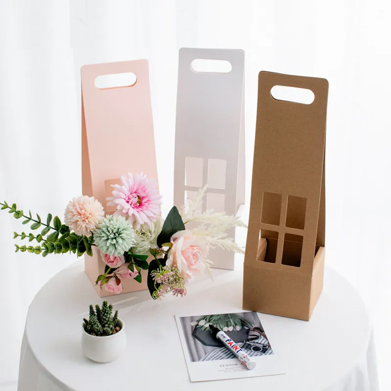 Fresh Flower Carrier Paper Flower Arrangement Basket Portable Flowers Box 12x11x42cm Portable Florist Waterproof Holder