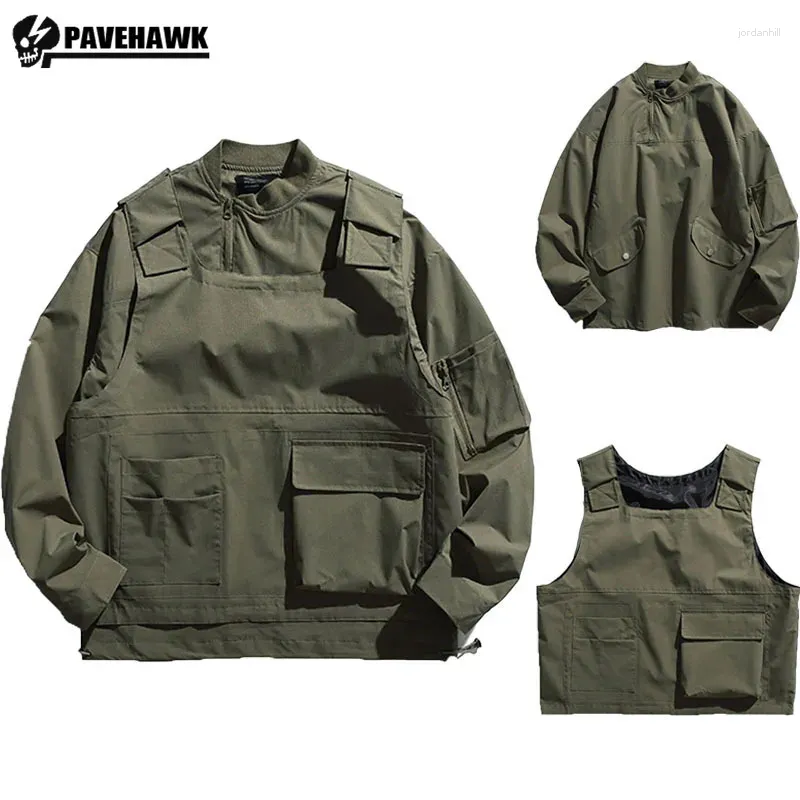 Herrenjacken Japanische Werkzeugjacke Herren Retro Tactical Pilot Bomber Coats Mehrere Taschen Weste und ungezwungener Pullover zweiteiliger Unisex