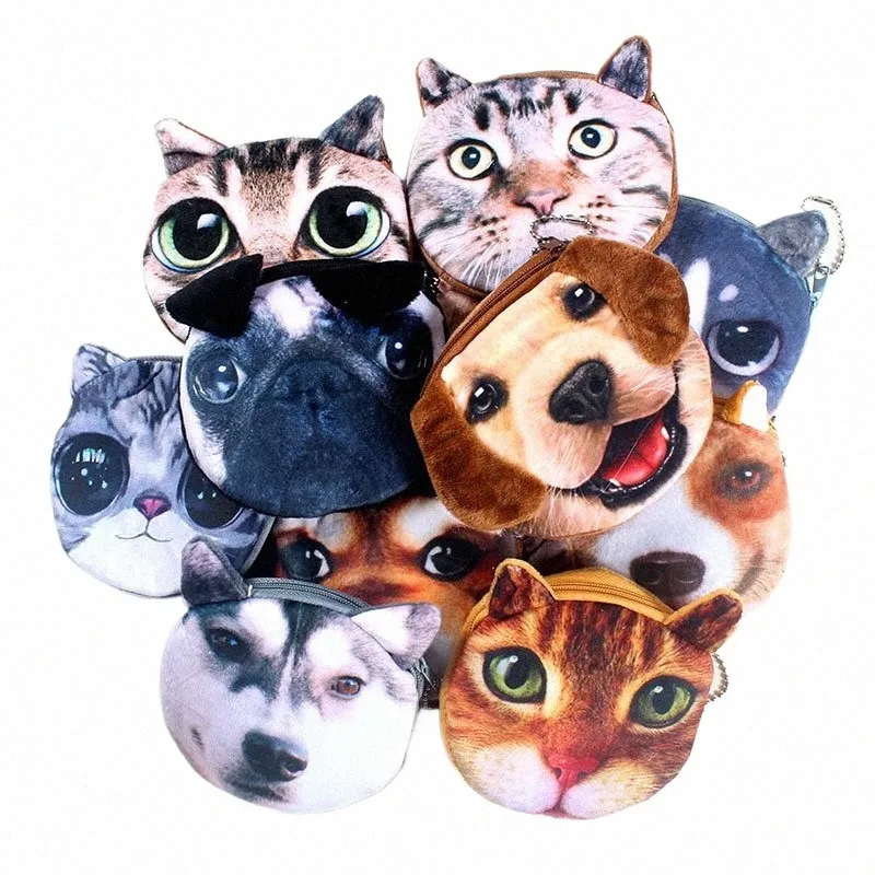 뜨거운 새 3D 프린팅 고양이 /개 얼굴 지퍼 케이스 케이스 동전 지갑 여자 귀여운 지갑 파우치 여자 메이크업에 의해 가방 i9u5#