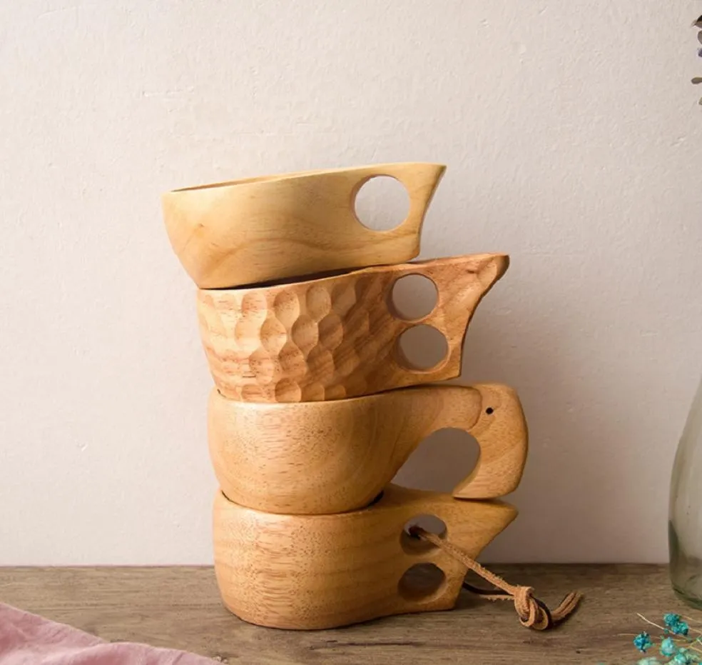 Nordic Style 4 Taux en bois en caoutchouc avec poignée Kuksa Wood-Coffee Tasses avec corde faites à la main deux trous portables d'eau potable bo2856563