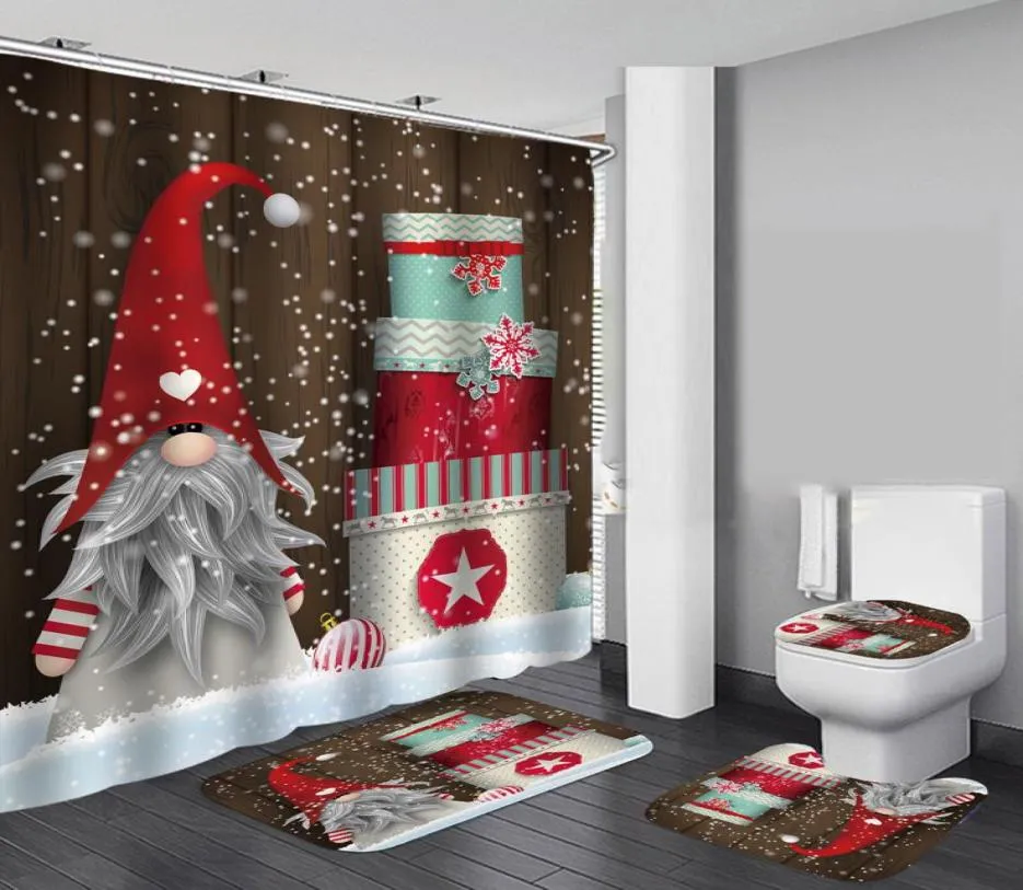 Merry Christmas Waterproof Bath Shower Curtain Christmas Santa Claus Bath Mat Lid Toilet Cover Polyester Flannel Shower Curtain T6208788