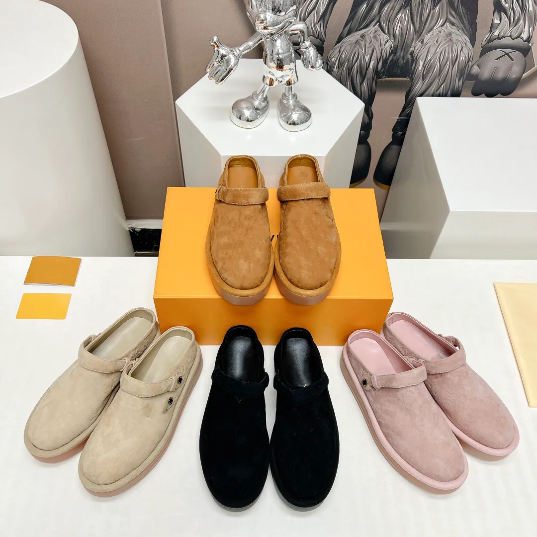 Luxury Designer Women Spring New Round Head Pullover Foot Thick Sole Slippers Fashion Plush Genuine Leather Smooth Rubber Sole Casual Shoes 35-41