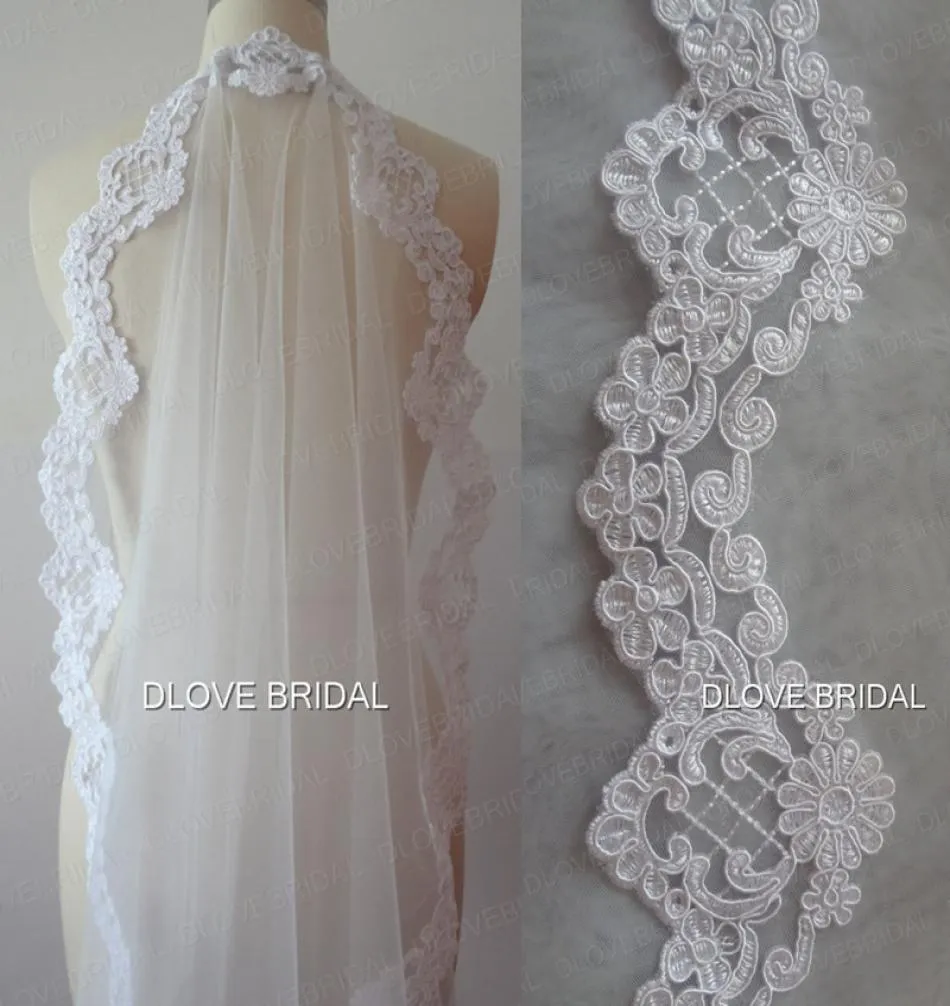 Delicado comprimento do cotovelo Casamento Véu de marfim branco One Mantilla Alencon Lace Crescent Edge Bridal Party Hair Acessory Véils Rea2864501