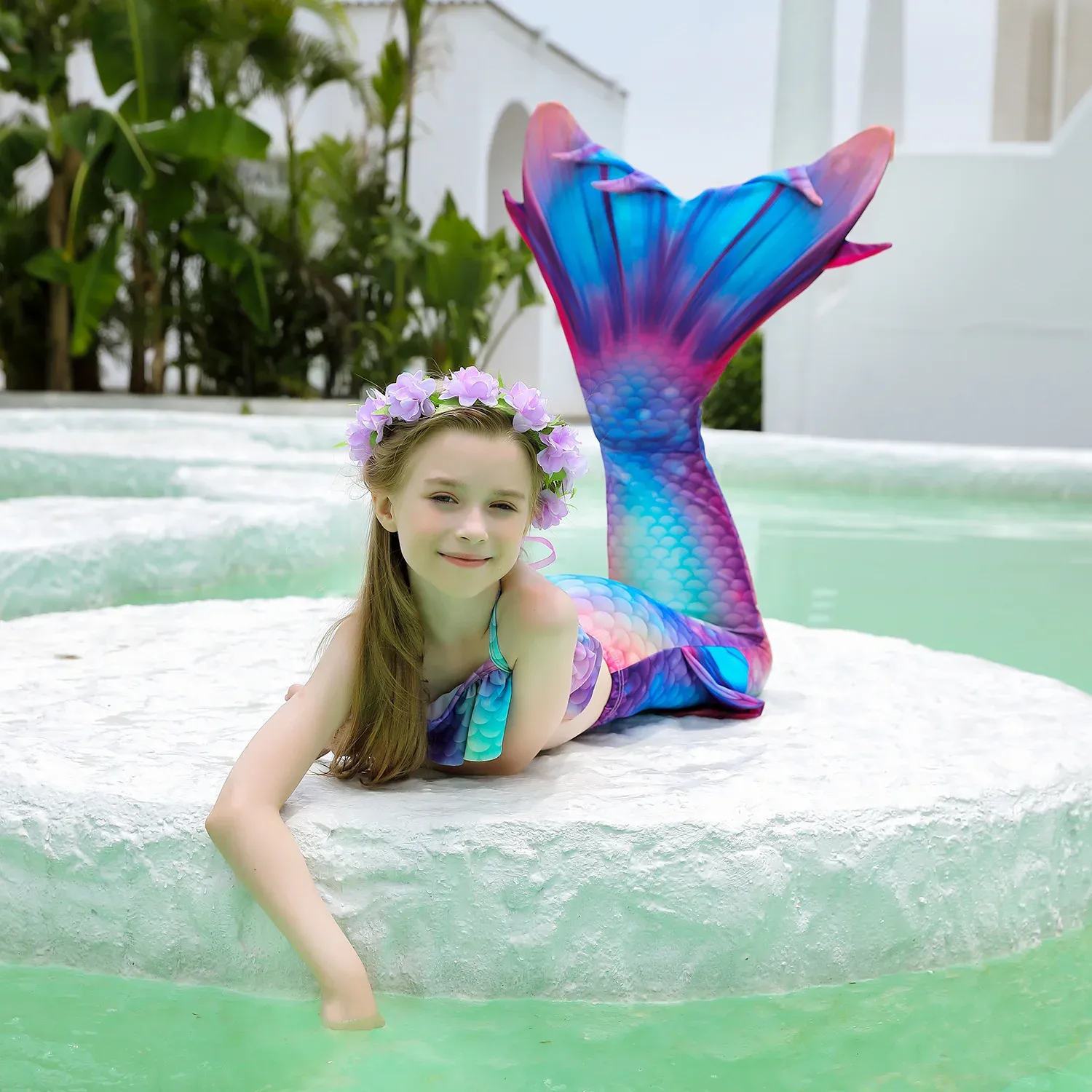 Girls Mermaid Tail Swimmable Costume Bikini with Monofin for Beach Cosplay