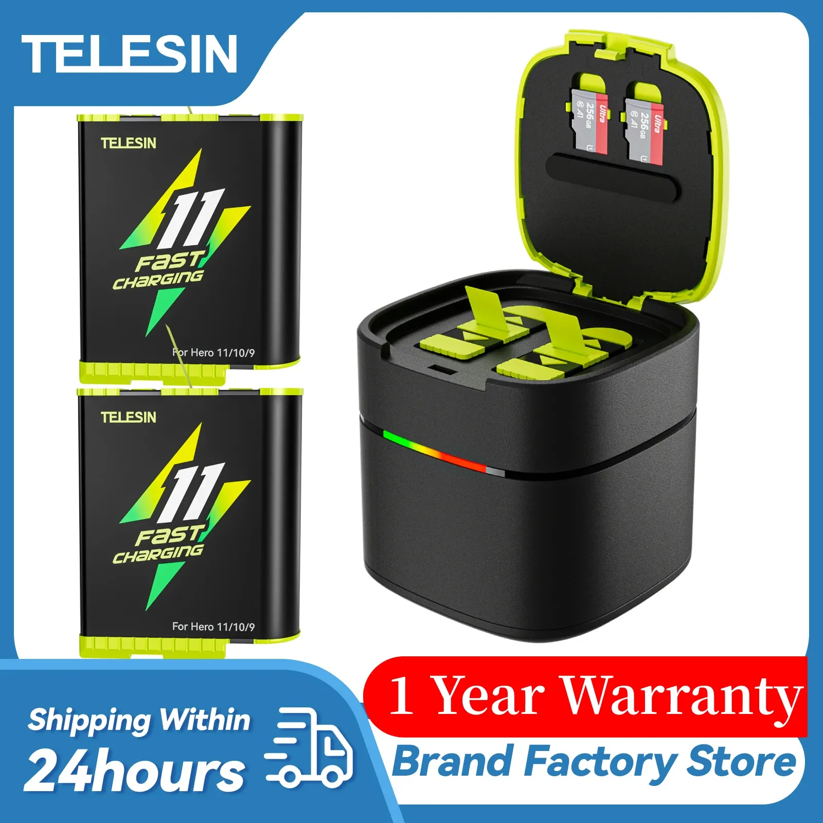 Produits Télesin Batterie de charge rapide pour GoPro 11 Hero 11 10 9 1750 MAh Batterie 2 façons Boîte à chargeur rapide Stockage de carte TF pour gopro11 10
