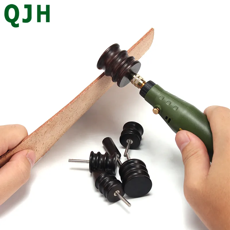 QJH Black Ebony Wood Leather Burnisher Polished Rods DIY Leather Craft Edge Slicker Tool Electric Polished Tip Head Rotary Sets