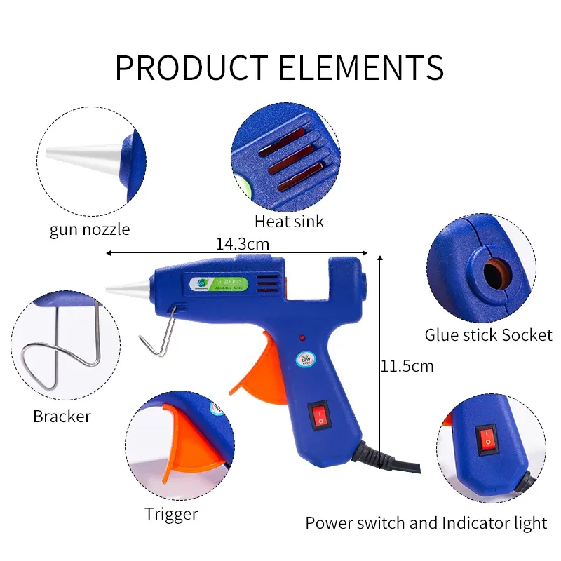 Hot Melt Lim Gun Kit Hög temperatur Hot limpistol i full storlek 20W med 24 limpinnar och bär påse för DIY -lappkläder