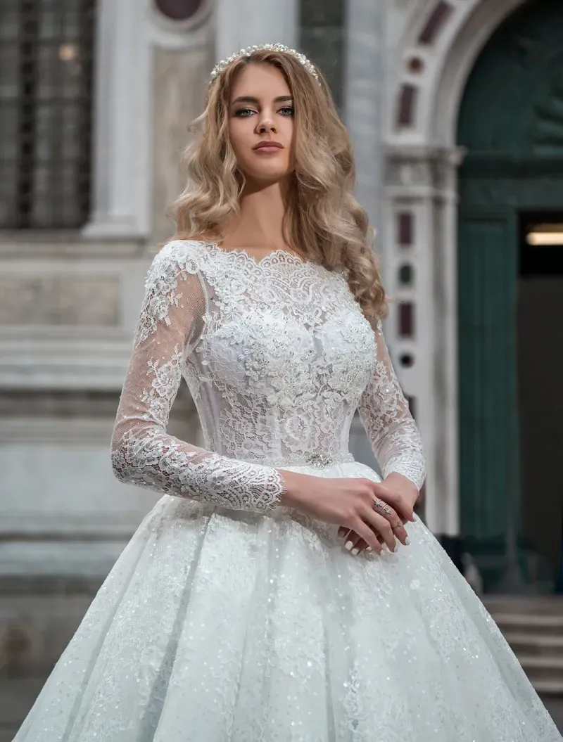 Pentelei Lace Wedding Dresses 2020 Long Sleeves Ball Gown Bridal Gowns Custom Made Sweep Train Wedding Dress Vestidos De Noiva