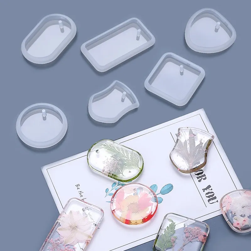 6pcs/set Resin Molds Round Rectangle Pendants Keychains Silicone Molds For Epoxy Resin Jewelry moldes silicona para resina epoxi