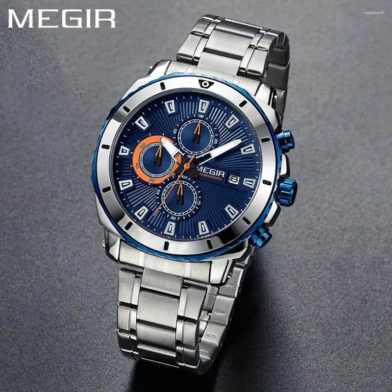 Armbandsur Megir Blue Dial Chronograph Sport Quartz Watches For Men's Fashion Rostfritt Steel Analog Male Luminous Hands