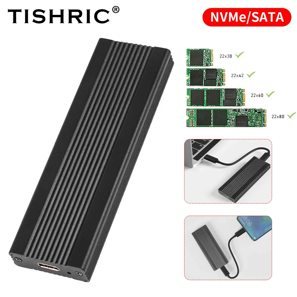 Enclosure TISHRIC M.2 Hard Drive Enclosure MKey NVME/SATA Dual Protocol M.2 Hard Disk Box External M2 HDD Case Aluminum