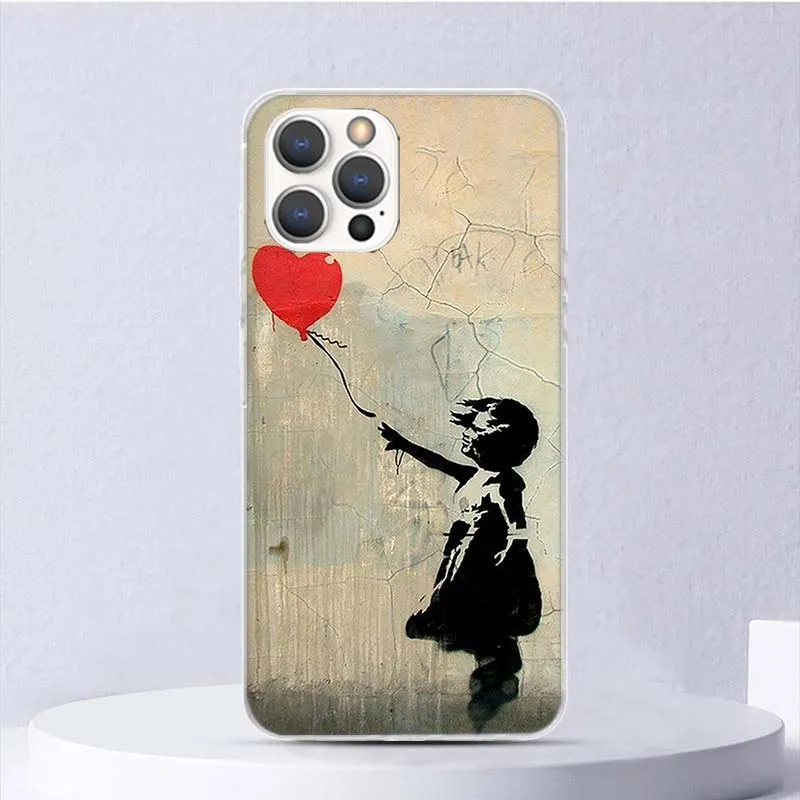 Street Art Banksy Graffiti Case souple pour iPhone 11 12 13 Mini 14 Pro Max 15 Cover Apple Phone Cover XS XR SE 7 Plus 8 + 6S 5S