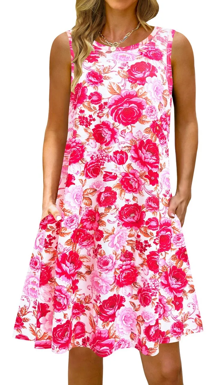 Lyxkläder Kvinnklänningar Designer Floral Dress Crew Neck Summer Konventionell ärm Bohemiska klänningar ärmlös Floral Casual S 2xl odefinierad sommarklänning