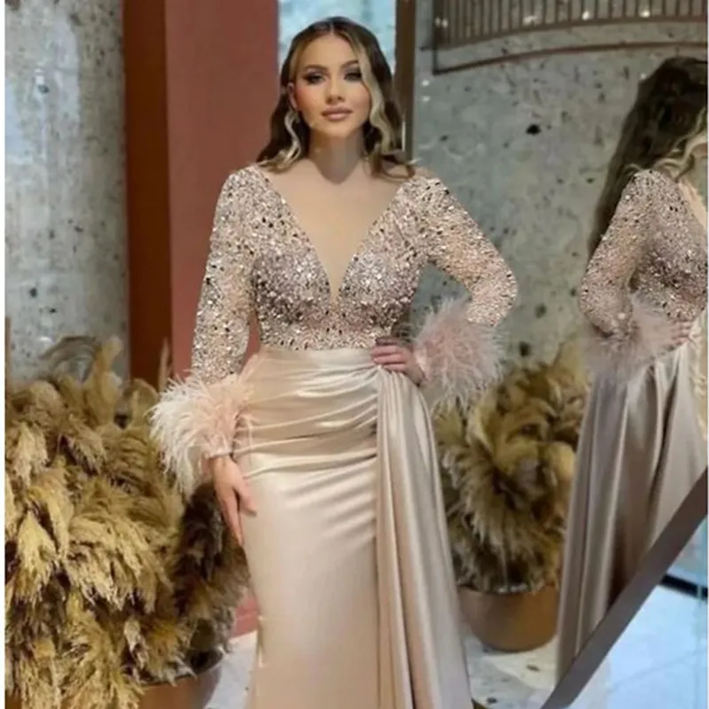 V-neck Sheath Satin Gown With Feather Carpet, Luxury Beaded Shimmering Gown, Formal Dresses, Evening Dresses V-neck Sheath Satin Gown With Feather Carpet, Luxury Beaded Shimmering Gown, Formal Dresses, Evening Dresses