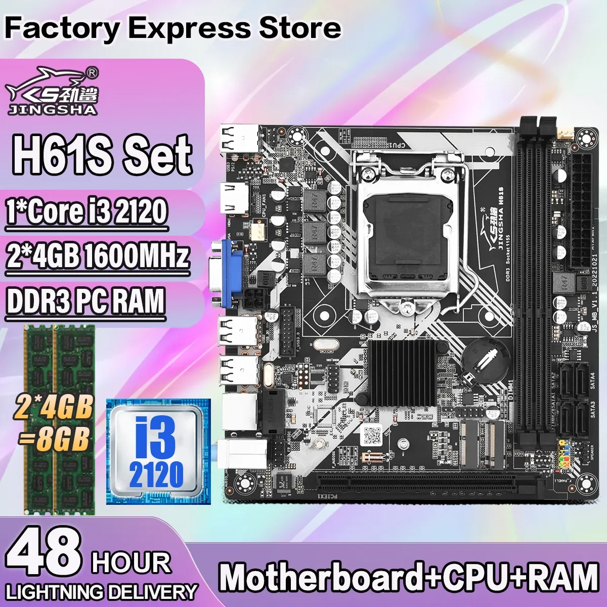 Moderbrädor H61S LGA 1155 PC Motherboard Set med Intel Core i3 2120 CPU och 2*4GB DDR3 1600MHz Memory H61 Plate PC Gamer Placa Mae Kit