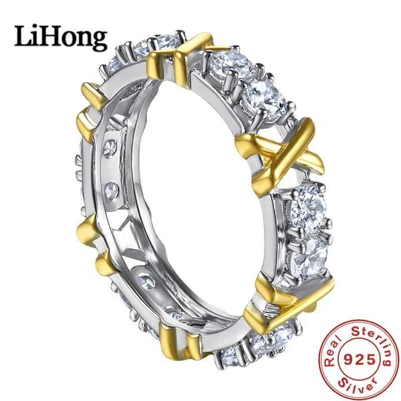 Bant Rings Luxury 925 STERLING Gümüş Yüzük AAA Zirkon Kristal Halkası Kadın Nişan Mücevher Hediyeleri J240410