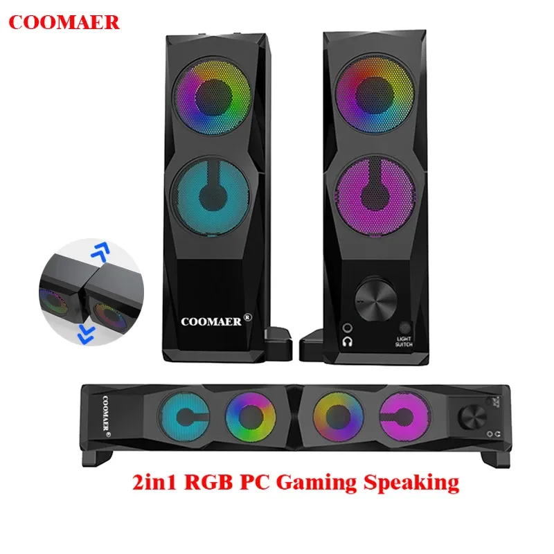 SPREKERS COOMAER 2IN1 PC Gaming Speakers ANVIL AUX 3,5 mm USB STEREO 2.0 SUBWOOFER Soundbar voor laptop smartphones Desktop computerspeler