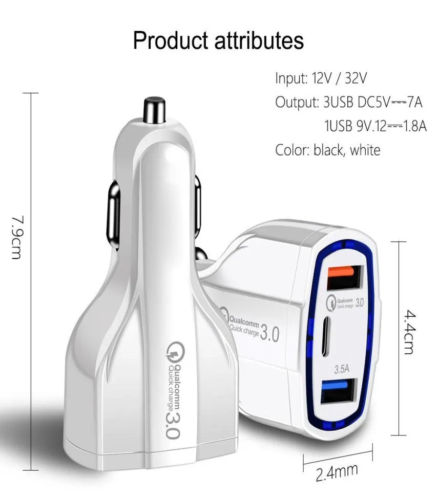 USB C ładowarki samochodowe Szybkie ładowanie Typec QC 30 PD 7A Adapter ładowarki do smartfona iPhone'a Samsung2644293