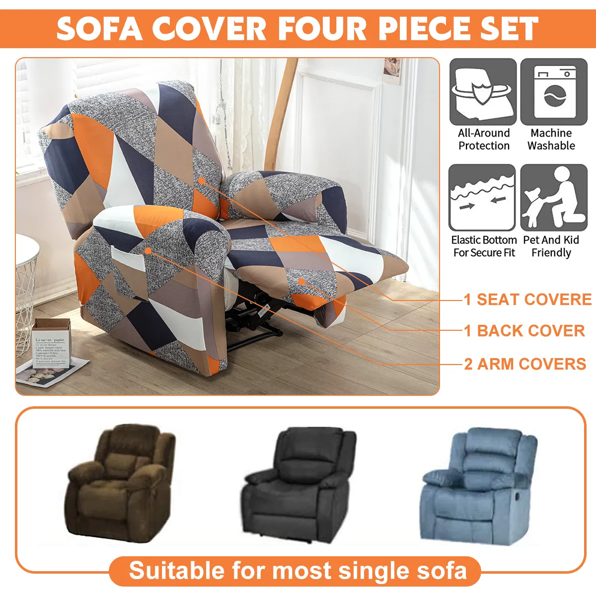 4pcs High Stretch Reckin Cover Sofa Scecover Single Seat Soft Brepid Imprimé Couvre-chaise inclinable Meubles Protecteur