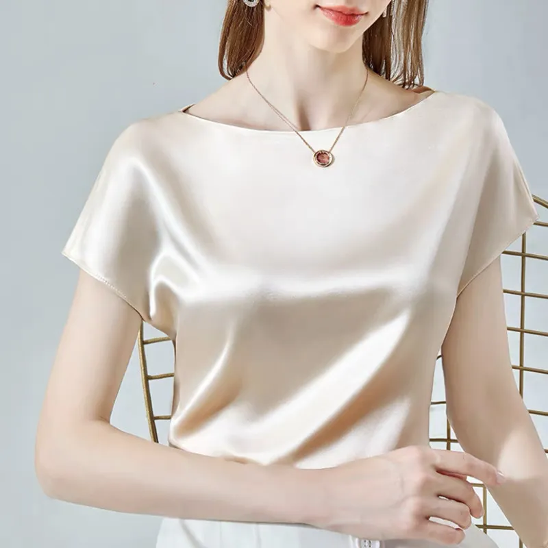 white satin short sleeve blouse