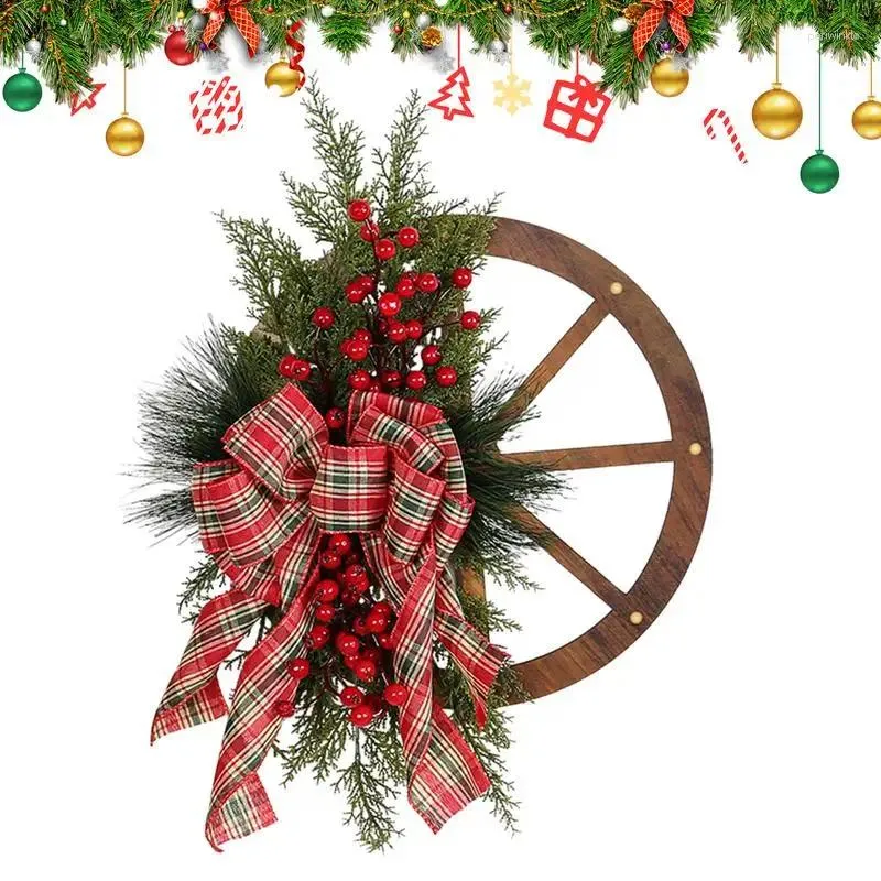 Decorative Flowers Artificial Christmas Wreath Pine Needles Wheel Garland Ornament With Bow Non Fade Realistic Red Berry