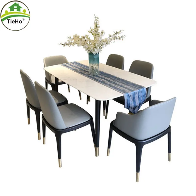 TieHo Rock Board Marble Dining Table Chair Set Kitchen Furniture 120cm Dining Table with 6 Chairs Solid Wood Frame