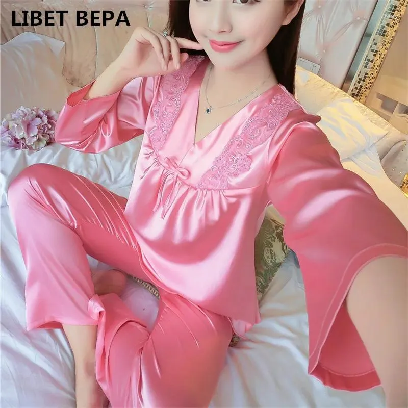 Hemkläder 2024 Autumn Women Ladies Sexy Flower Spets Satin Silk Pyjamas Set Long Sleeve Tops Pants Sleepwear Mujer Nightwear Pyjama