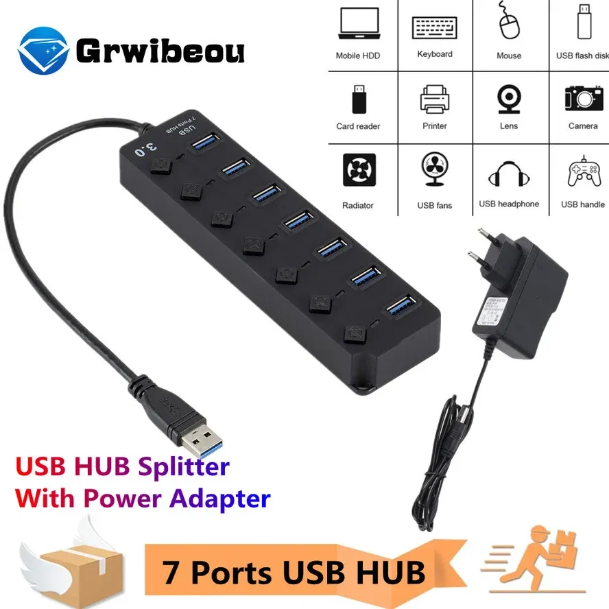 Hubs USB Hub Hoge snelheid 7 Poort USB 3.0 2.0 Hub Splitter aan/uit -schakelaar met EU/US Power Adapter voor MacBook Laptop PC USB 3.0 Hub