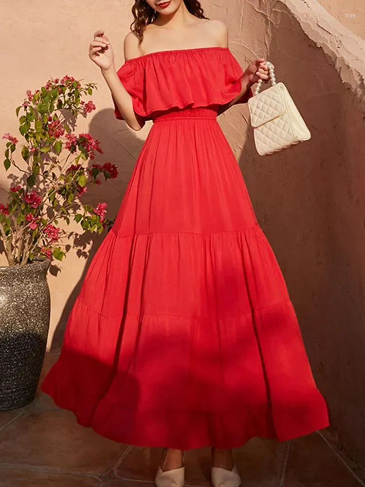 Jurken casual jurken elegant geplooide maxi jurk vrouwen zomer sexy off schouder backless rood lang bruidsmeisje vrouwelijk boho strand zonsondergang l