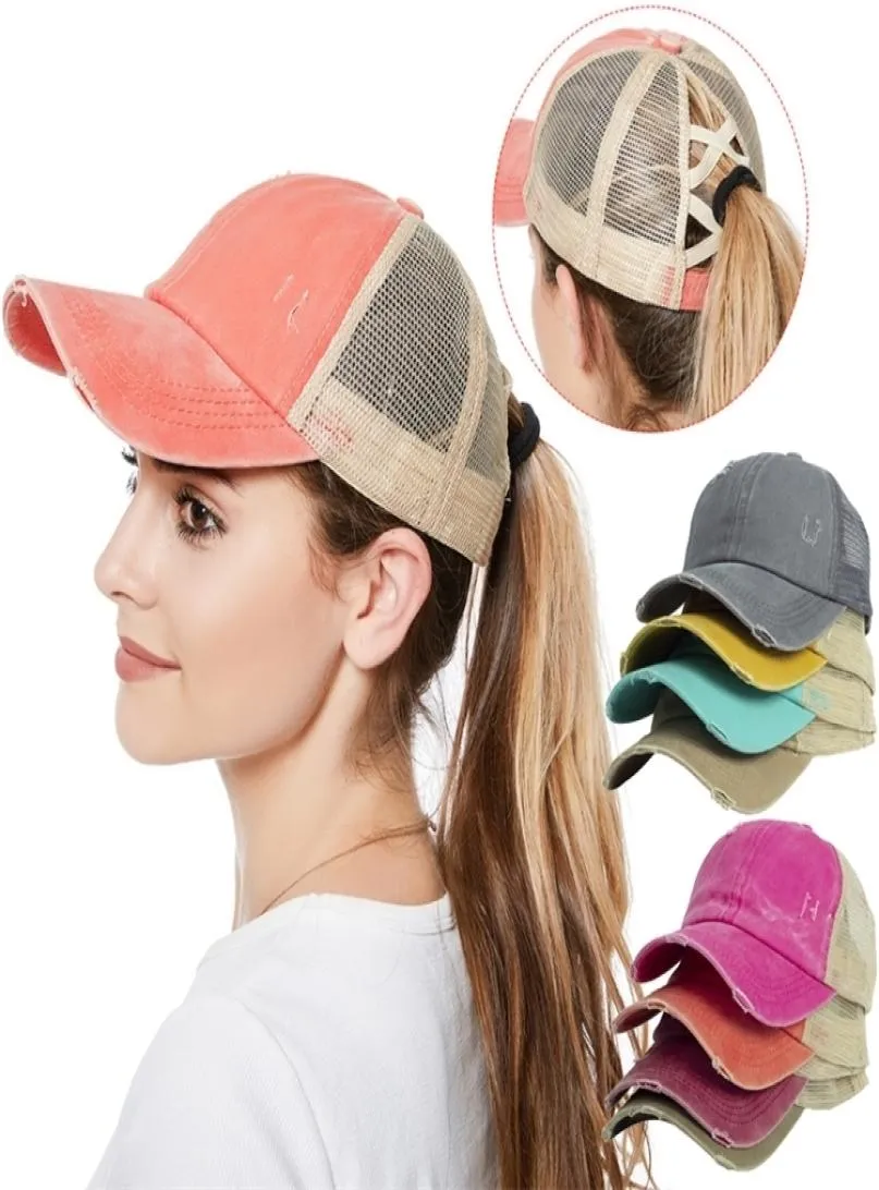 11 Color Criss Cross Ponytail Coton Washed Cotton Snapback Caps Messy Bun Summer Sun Visor Outdoor Baseball Cap Party Party Kjj6647848354