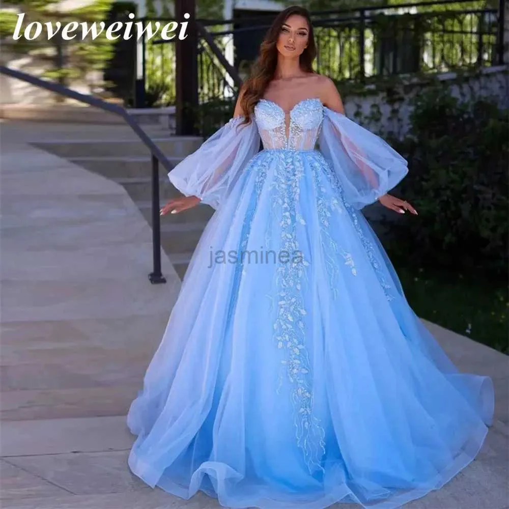 Urban Sexy Dresses Charming Sky Blue Shiny Appliques Pärlad promenad klänning avtagbar puffhylsor Tulle bollklänningar korsett Princess Evening Gown Dress 24410