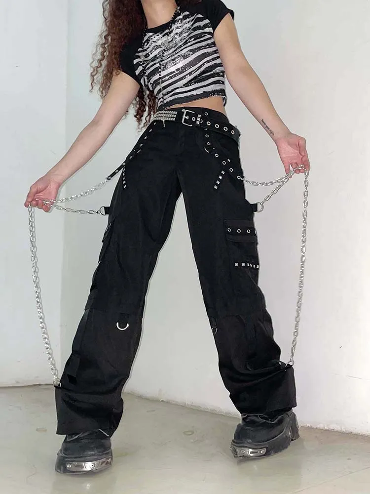 Women's Gothic Cargo Pants Loose Fit Baggy Black Woven Full Length