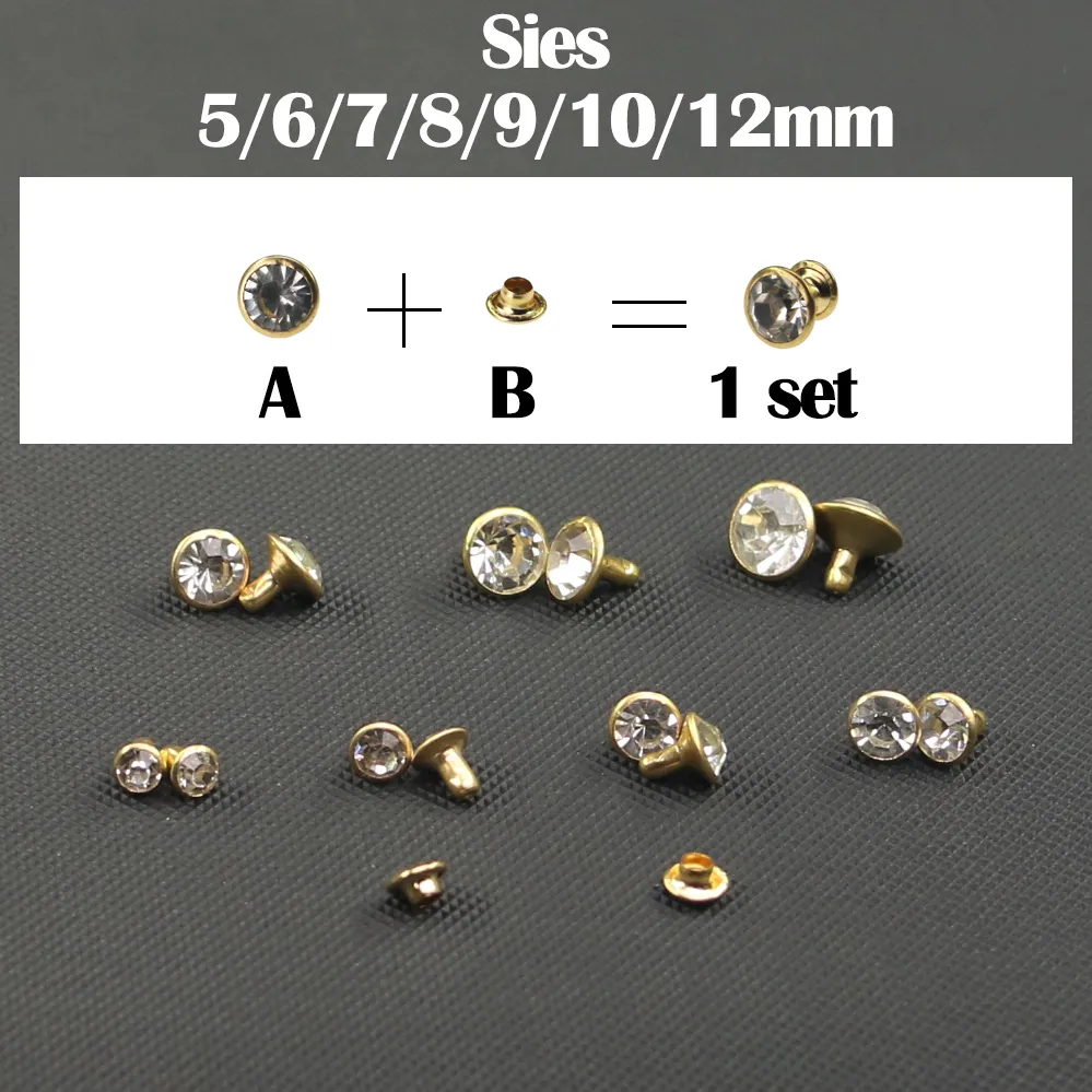50sets 5/6/7/8/9/10/10/12 mm kristallen Rhinestone Rivets Diamond Studs Blingling voor Leathercraft Gold Silver DIY -kleding Leer