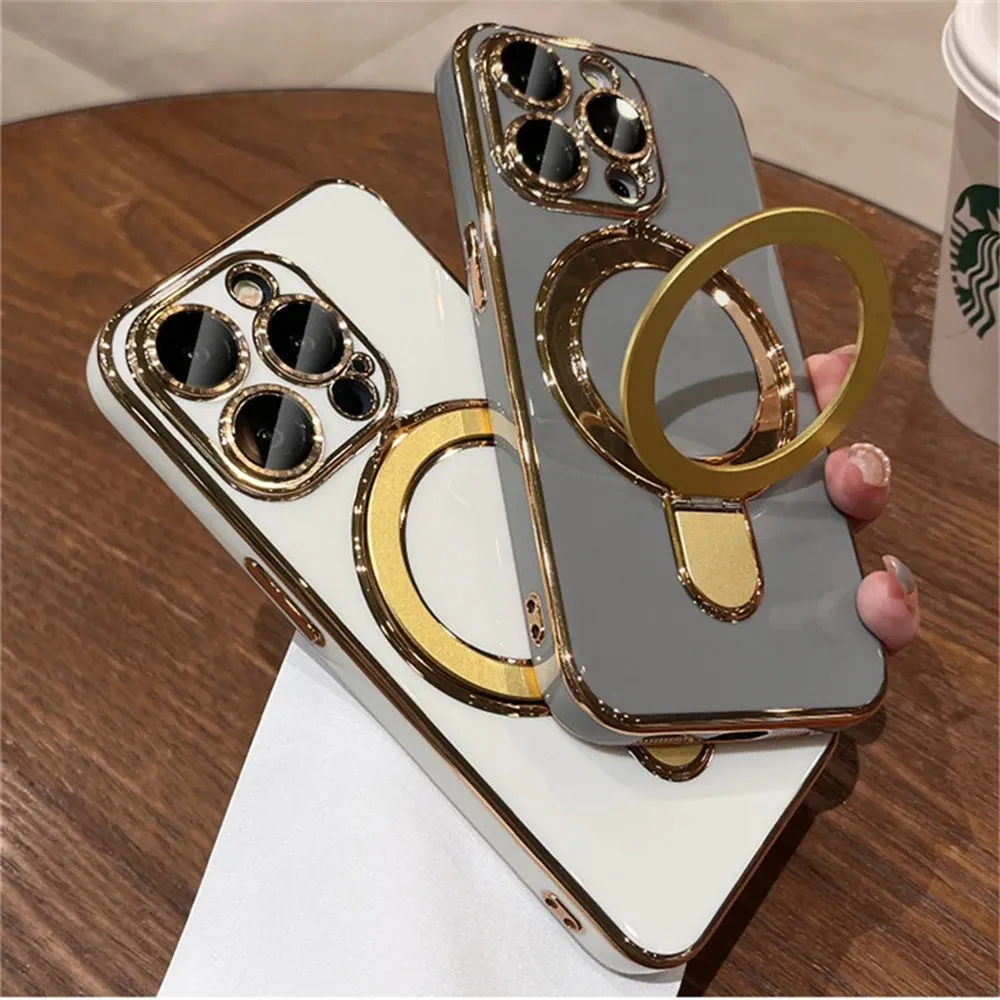 Luxury Plating Soft Silicone For Magnet Folding Holder Stand Case for iPhone 15 13 12 14 Pro Max Bracket Phone Cover