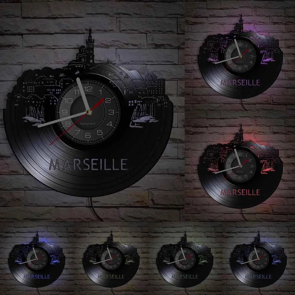 French Marseille CityScape Vinyl Album Re-Purposed Record Clock City of France Landmark Shadow Art Wall Watch Unique Home Decor