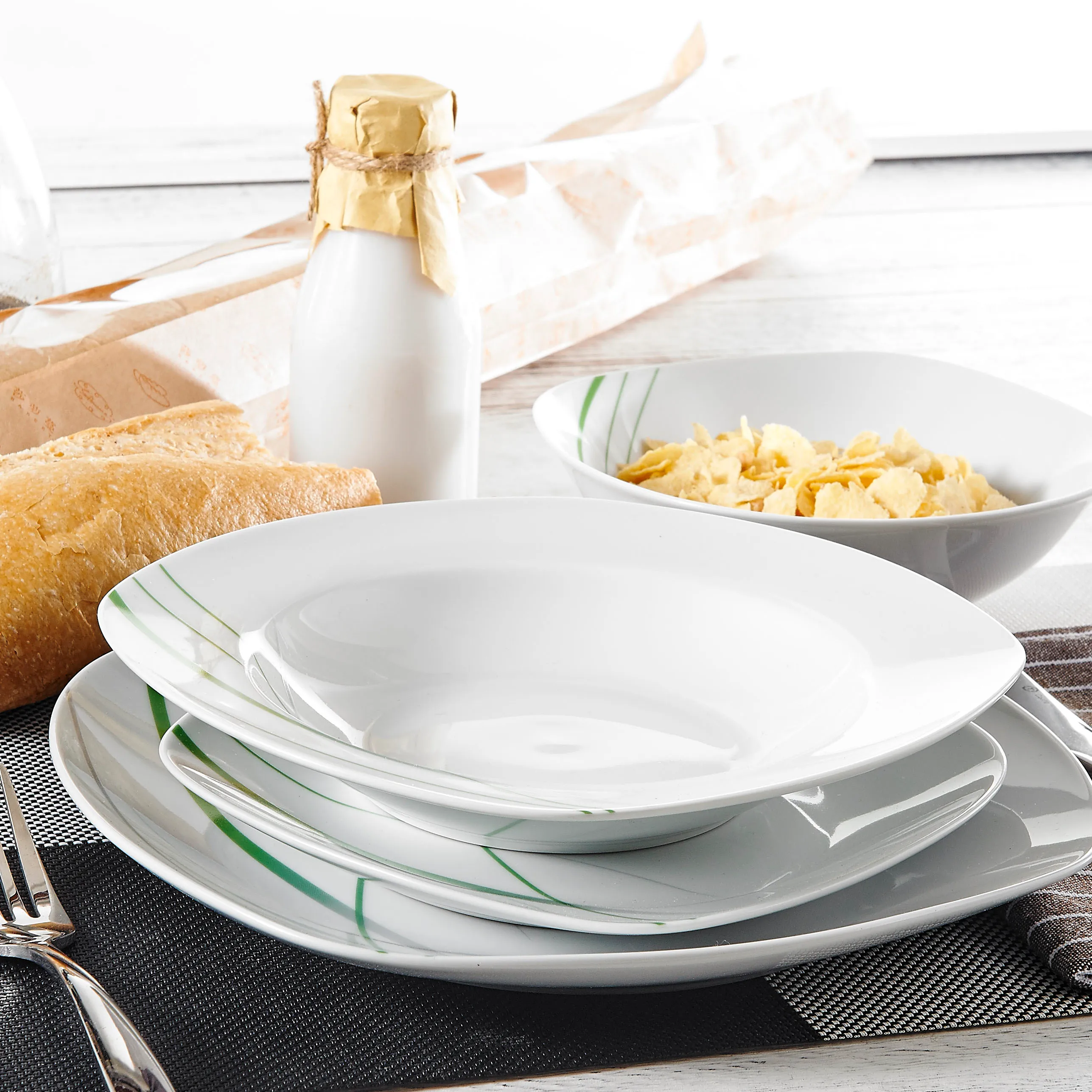 Veweet Aviva 24/48-stycken elfenbensvitt porslin keramiska bordsartiklar servis uppsättning med soppplatta, skål, middagsplatta, dessertplatta