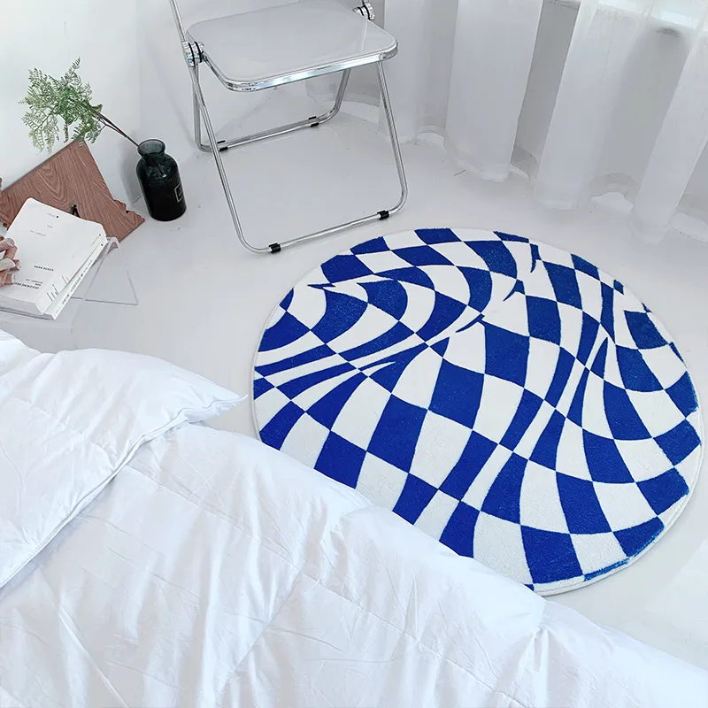 Klein Blue Round Plaid Rugs Bedroom Decor Bedside Carpets Thick Plush Living Room Carpet Cloakroom Lounge Rug Non-slip Soft Mat