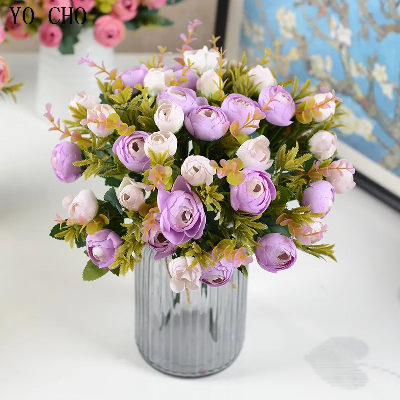 YO CHO Artificial Flower Silk Rose Fake Small Tea Rose DIY Wedding Mini Bouquet Purple Home Party Festival Decorative Flowers