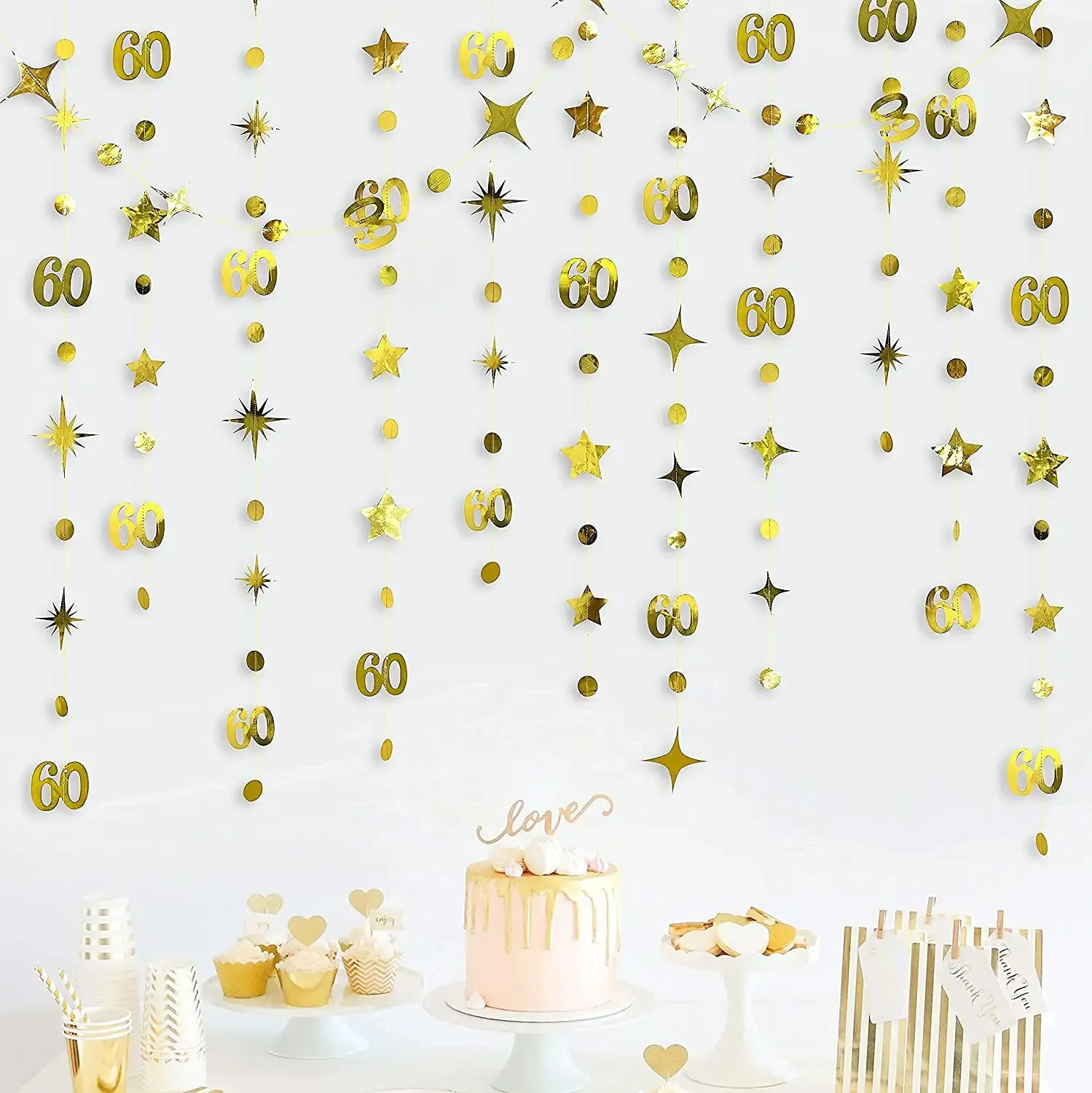 Rose Gold 60th Happy Birthday Banners Decor Number 60 Circle Dot Star Garland Hanging Streamers Anniversary Sixty Party Supplies